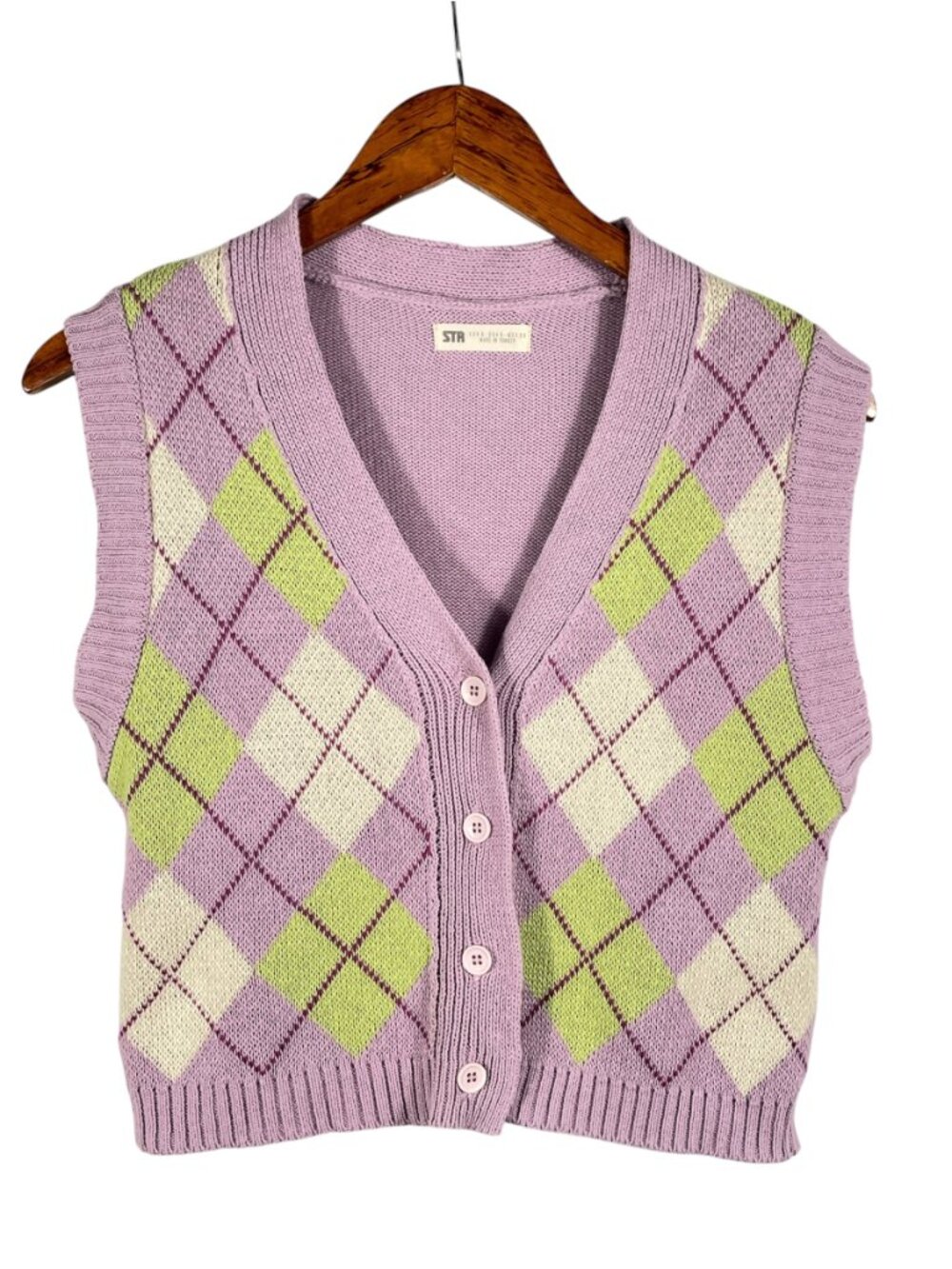 STR Argyle Button Front Sweater Vest Lavender Green Preppy Y2K S Made Turkey - Picture 2 of 9